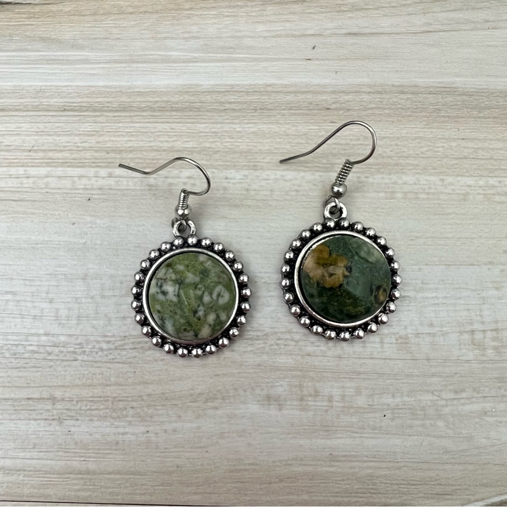 Round Moss Agate Gemstone Drop Earrings